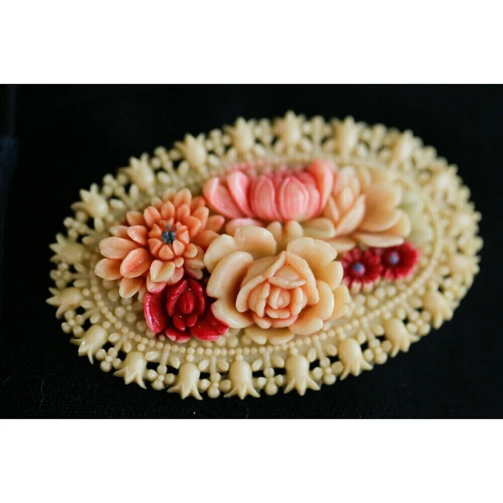 Vintage Carved Celluloid Plastic Floral Colourful Edwardian Style Oval Brooch...